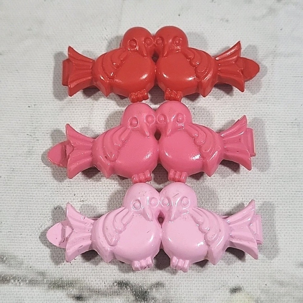 Vintage 80s Goody Snap Tight Barrettes Lot Of 3 Lovebirds‎ Red Pink Hair Clips